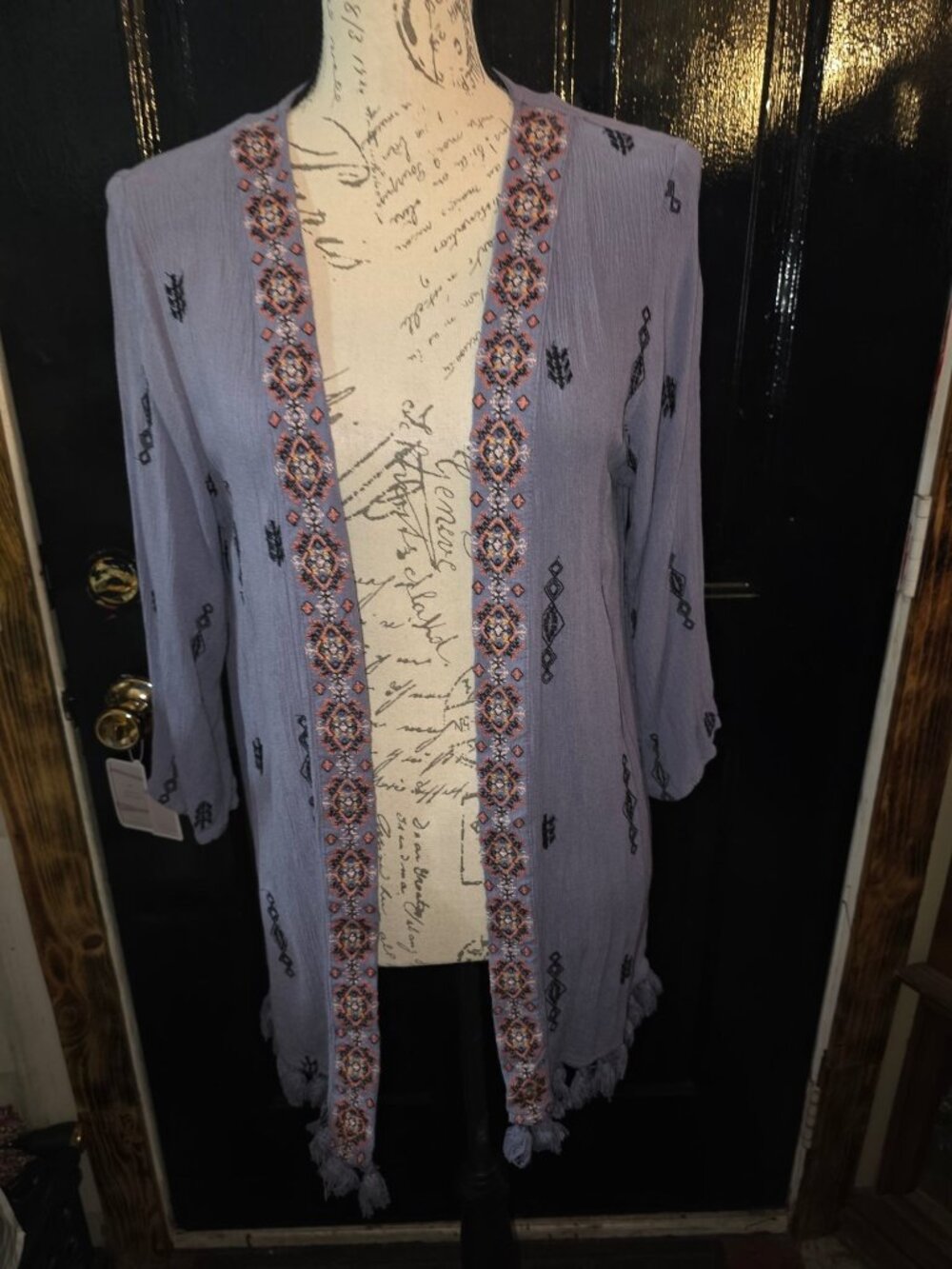 Xhilaration Womens Embroidered Open-Front Kimono Cardigan With Tassels Medium/La